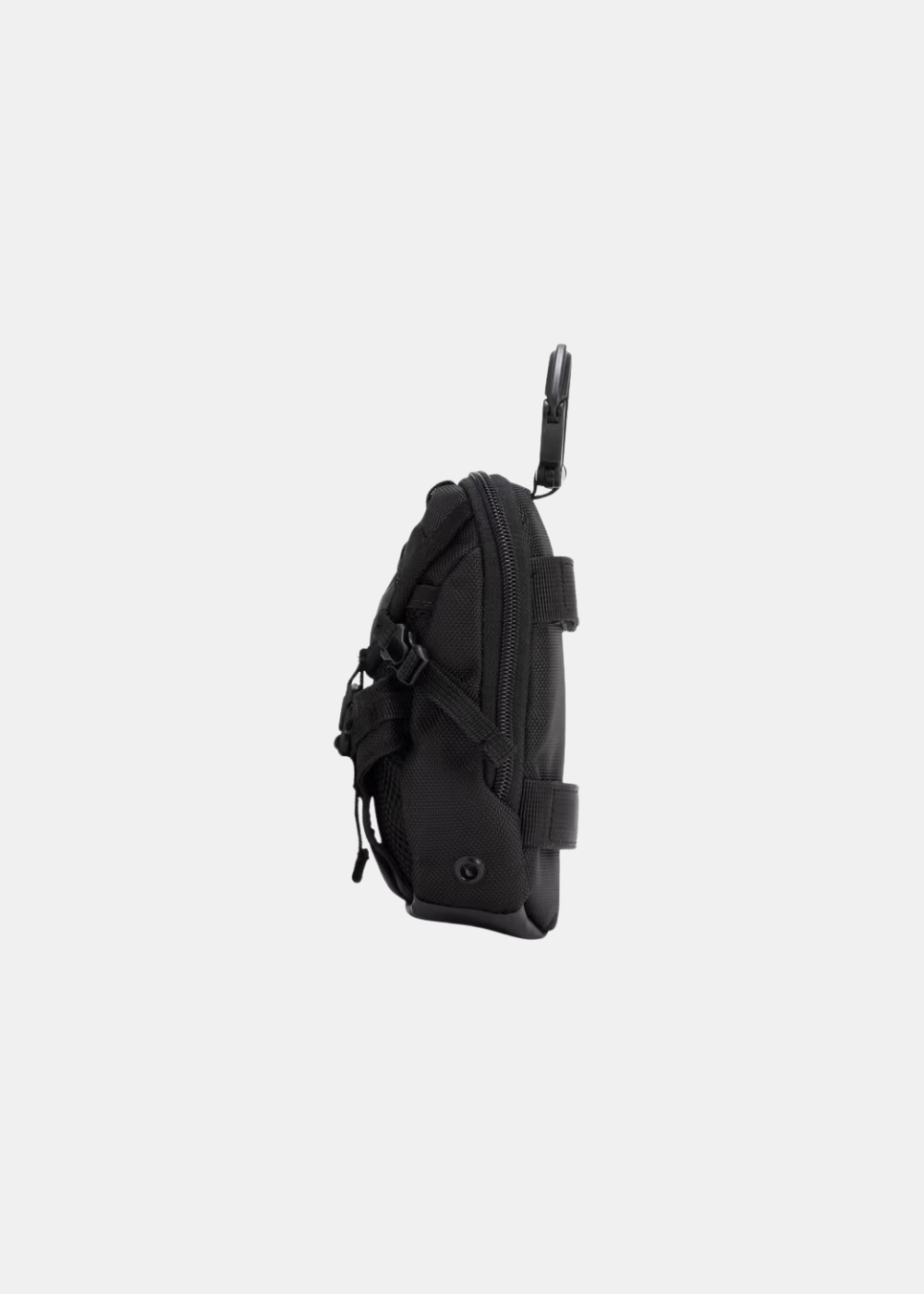 Vue de profil de la pochette tactique Oakley noire montrant l'épaisseur et la fermeture zippée