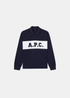 Polo de couleur bleu marine à manches longues A.P.C. Alexis en coton biologique, avec une large bande blanche contrastante sur la poitrine affichant le logo noir A.P.C., présenté de face à plat.
