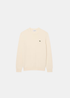 Packshot de face du pull col rond Lacoste en jersey de coton biologique crème avec crocodile brodé.