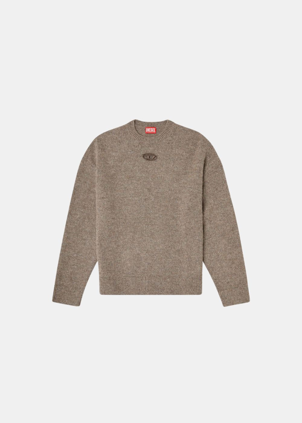 Pull Diesel K-Areeso en maille épaisse laine et alpaga marron avec logo Oval D brodé sur la poitrine.