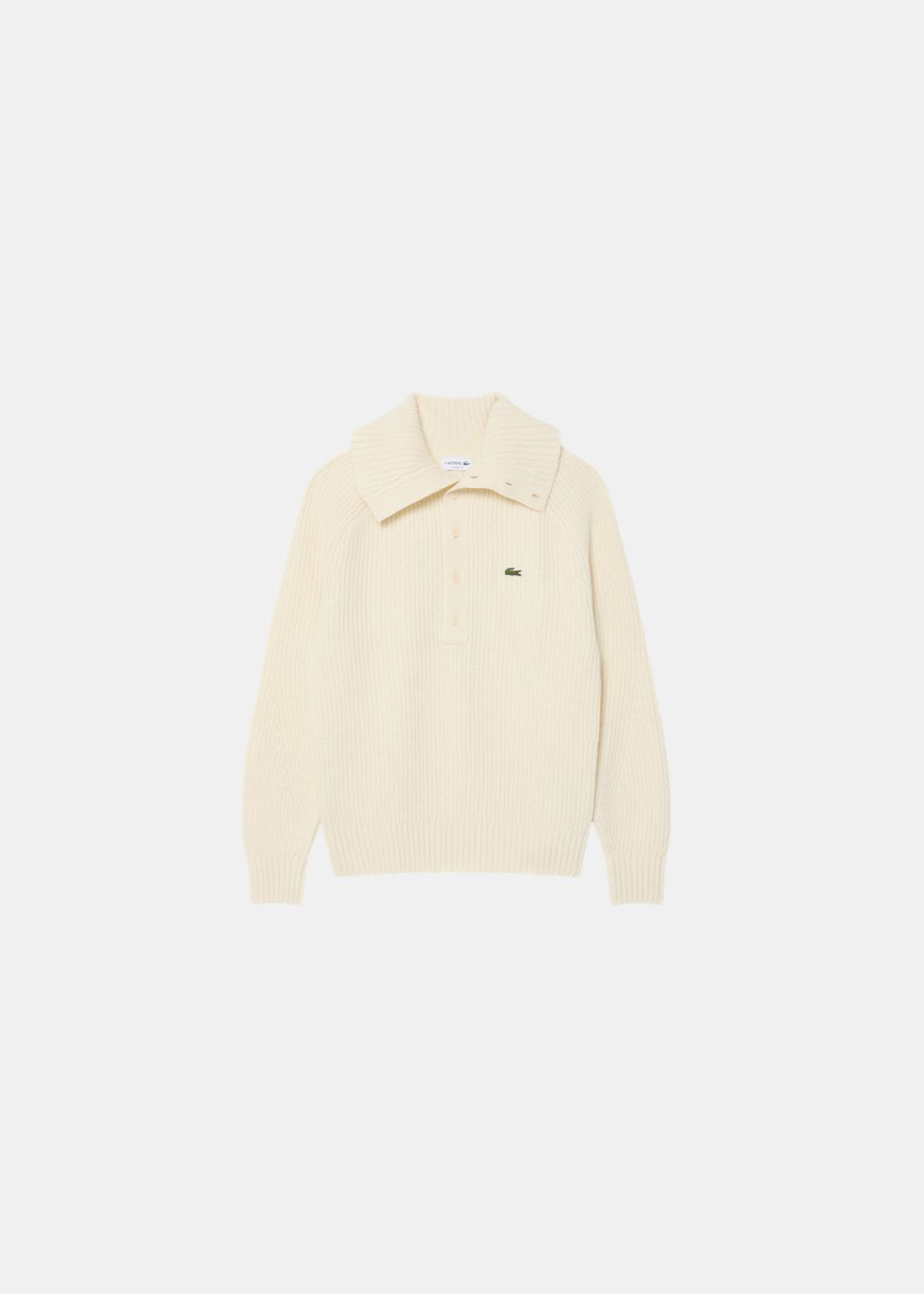 Packshot de face du pull Lacoste écru en maille perlée avec large col montant boutonné.