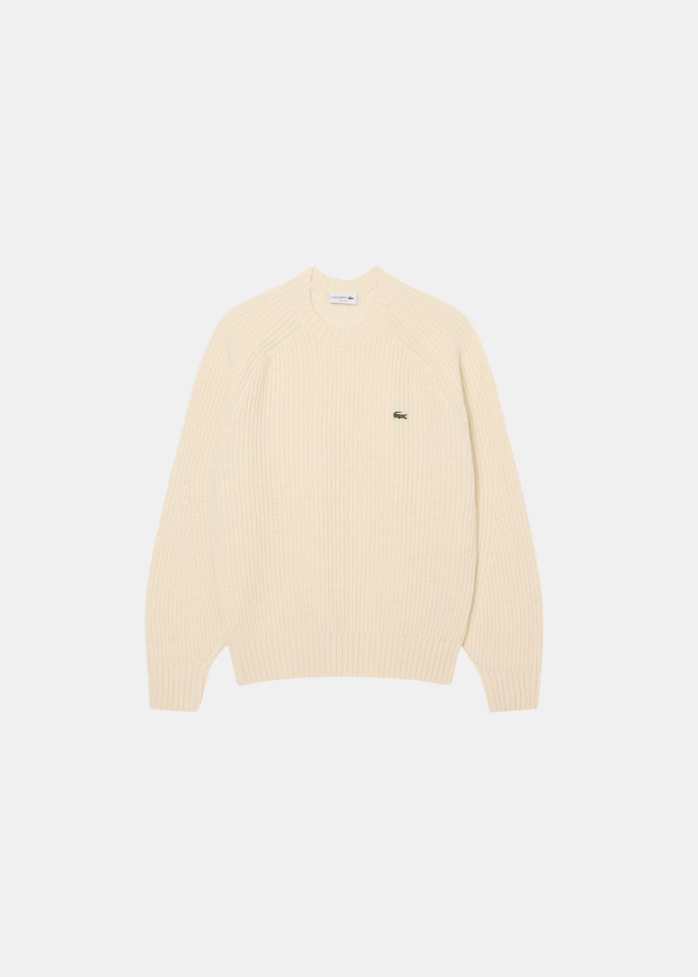 Packshot de face du pull col rond Lacoste beige en maille épaisse de laine.