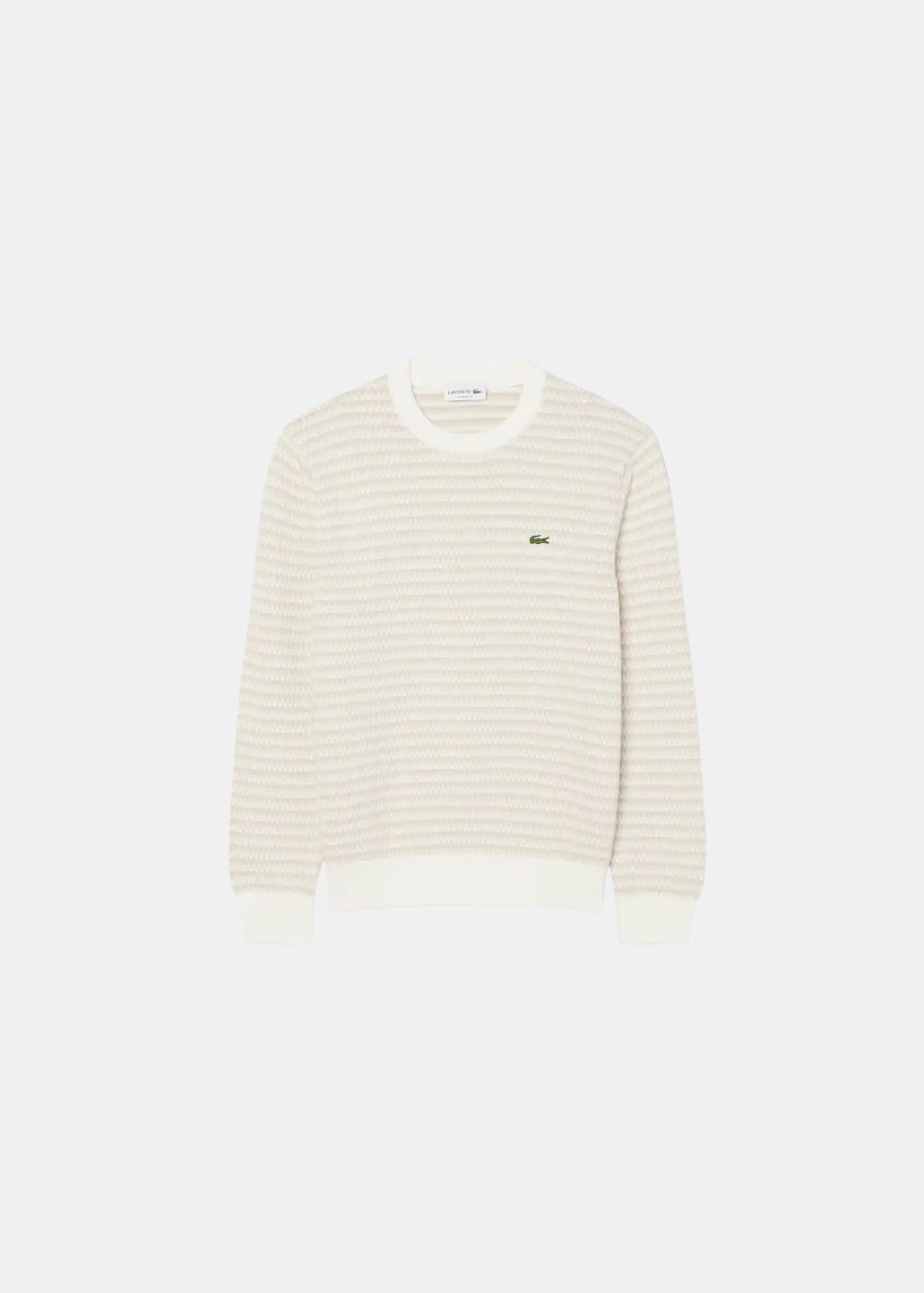Packshot de face du pull Lacoste en maille point fantaisie beige et blanc cassé avec crocodile brodé.