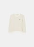 Packshot de face du pull Lacoste en maille point fantaisie beige et blanc cassé avec crocodile brodé.