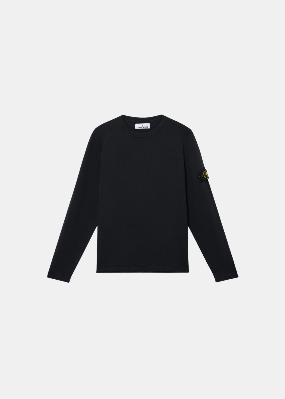 Pull ras-du-cou Stone Island noir en coton bio et nylon, vue de face à plat.