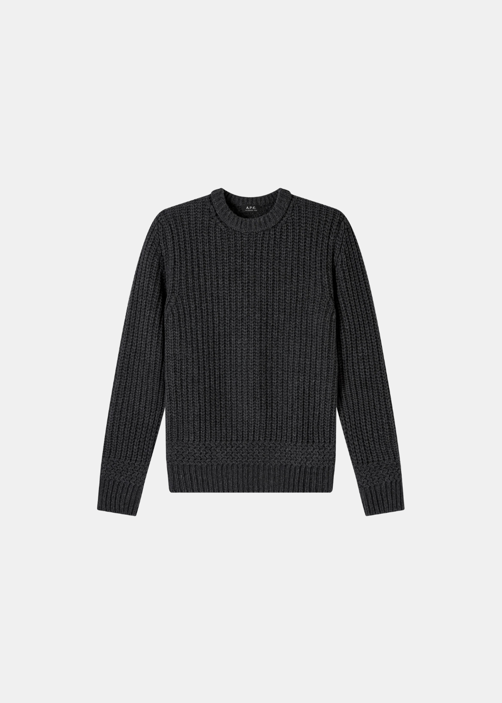Pull Homme A.P.C. en laine recyclée côtelée col rond gris anthracite vue de face