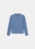 Packshot du pull col rond bleu chiné A.P.C. à manches longues avec bord-côte aux poignets et à la taille et logo A.P.C. brodé sur le bas