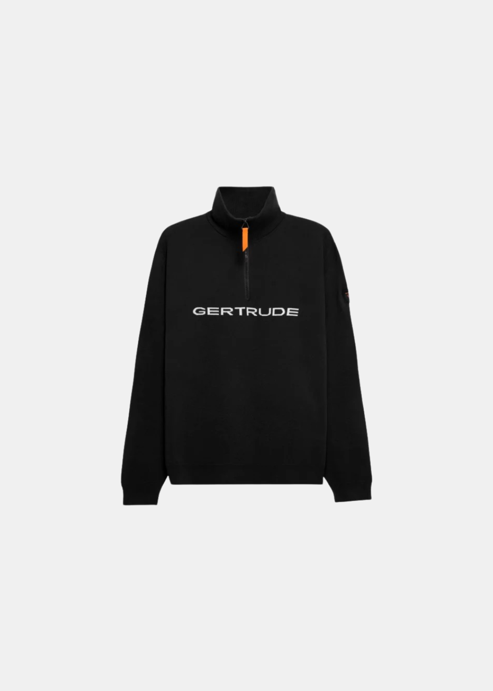 Packshot du pull camionneur noir Gertrude à col demi-zip, tirette orange et inscription logo blanche sur la poitrine