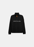 Packshot du pull camionneur noir Gertrude à col demi-zip, tirette orange et inscription logo blanche sur la poitrine