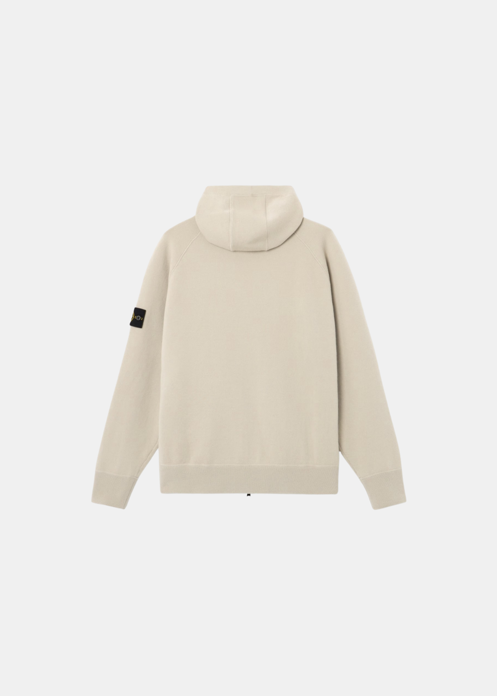 Pull zippé à capuche Stone Island Stretch RWS sable vue de dos avec capuche intégrée et bordures côtelées