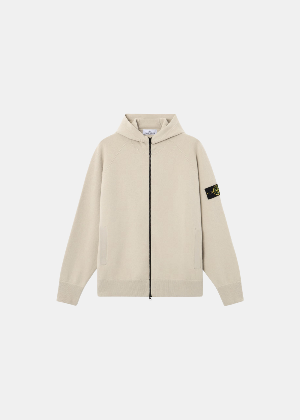 Pull zippé à capuche Stone Island Stretch RWS sable vue de face avec fermeture éclair centrale et poches latérales