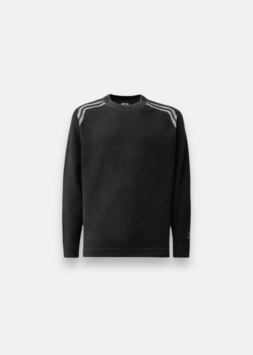 Pull C.P. Company Navy en maille chenille, teinture artisanale double dyed, présenté à plat de face.