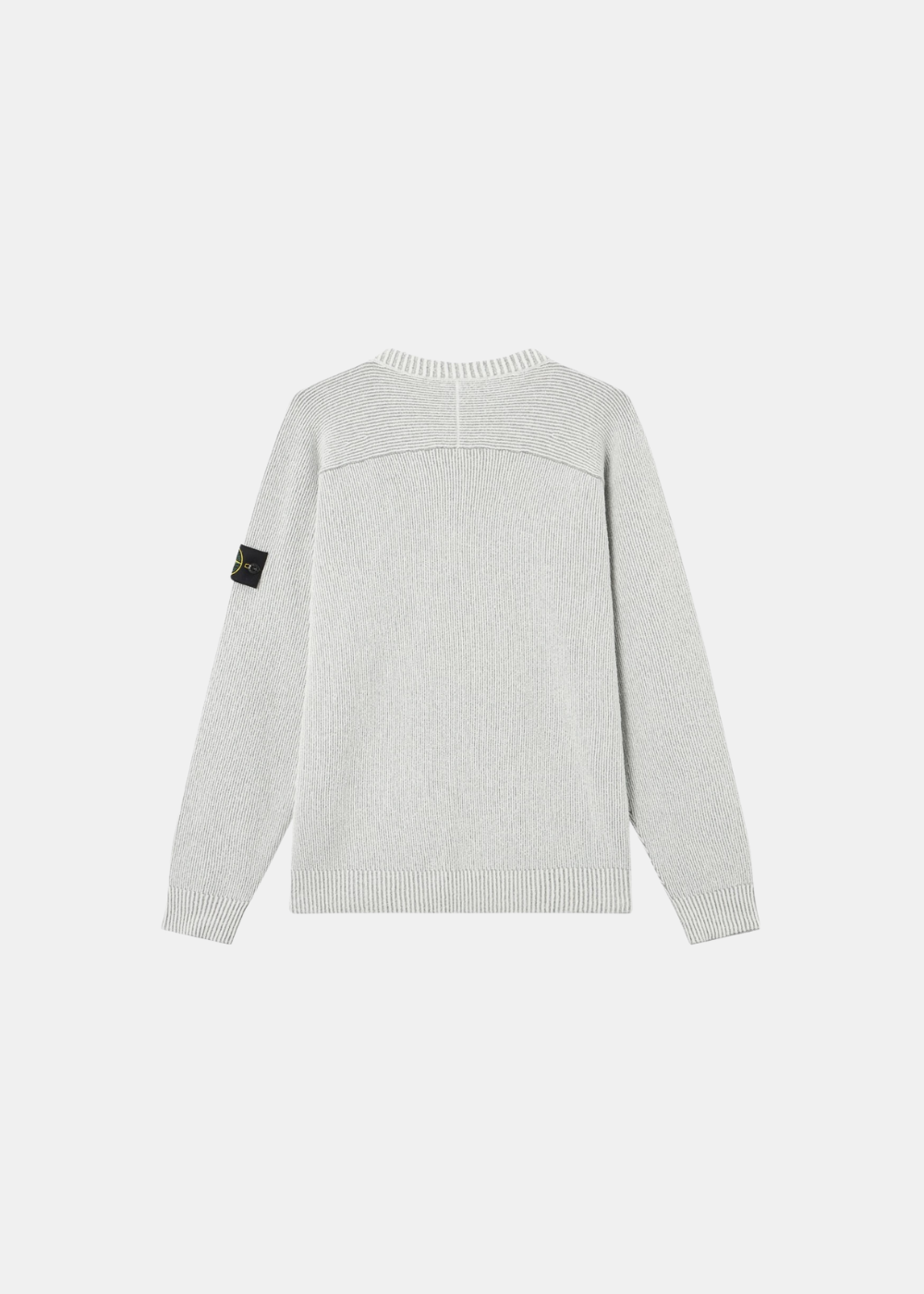 Pull col rond gris perle Stone Island pour homme présenté de dos sur fond blanc.