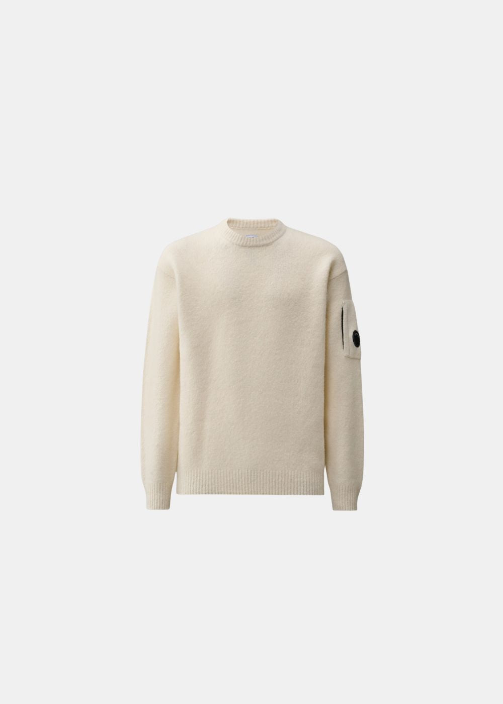 Pull Homme C.P. Company en laine stretch blanc cassé avec col rond et verre de lentille sur la manche