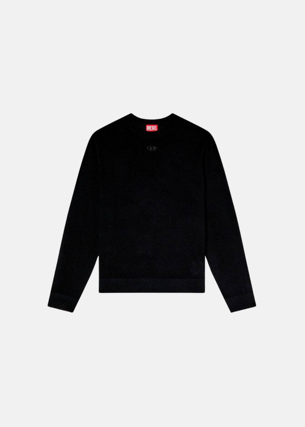 Packshot du pull en maille laine noir Diesel à col ras du cou avec découpe Oval D ajourée