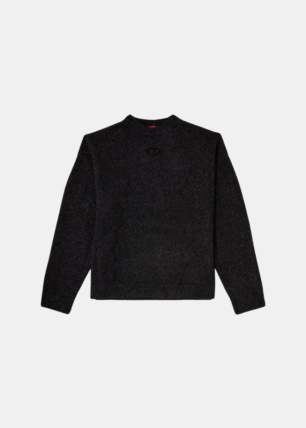 Packshot du pull en maille laine et alpaga noir Diesel avec col rond et logo Oval D brodé sur le col