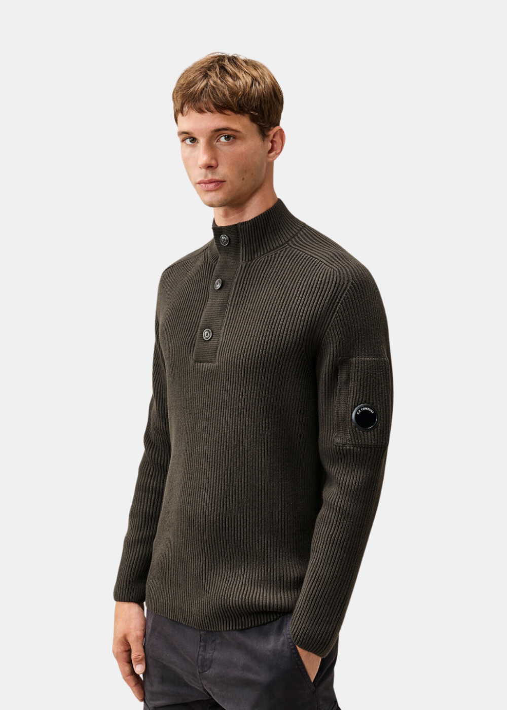 Vue de trois-quarts face portée du pull polo Homme C.P. Company Full Rib Cotton Lens gris