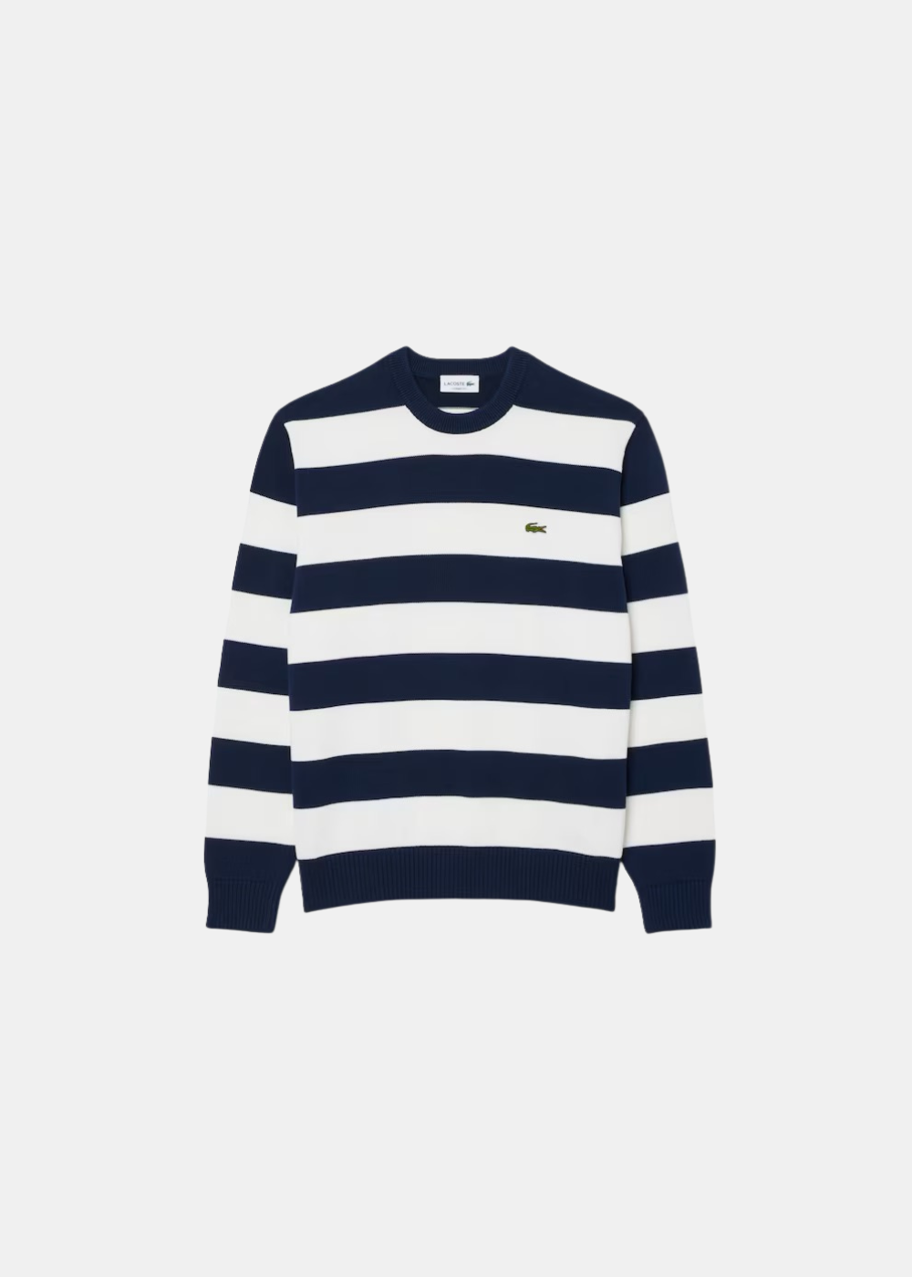 Packshot du pull en maille rayé bleu marine et blanc Lacoste avec col rond et logo crocodile
