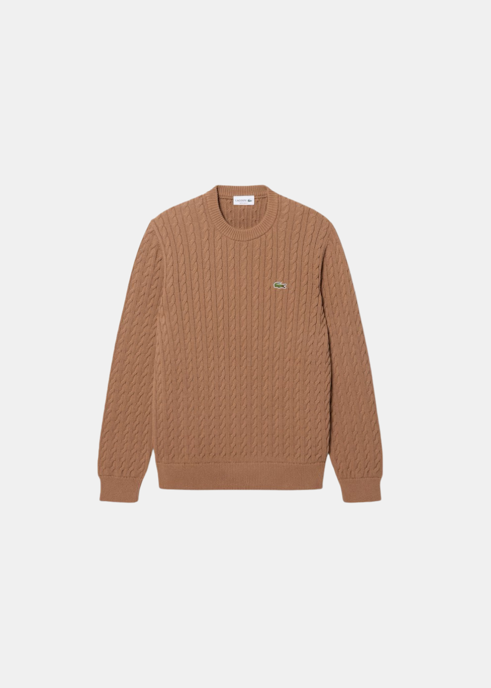 Packshot du pull en maille torsadée marron camel Lacoste avec col rond et logo crocodile