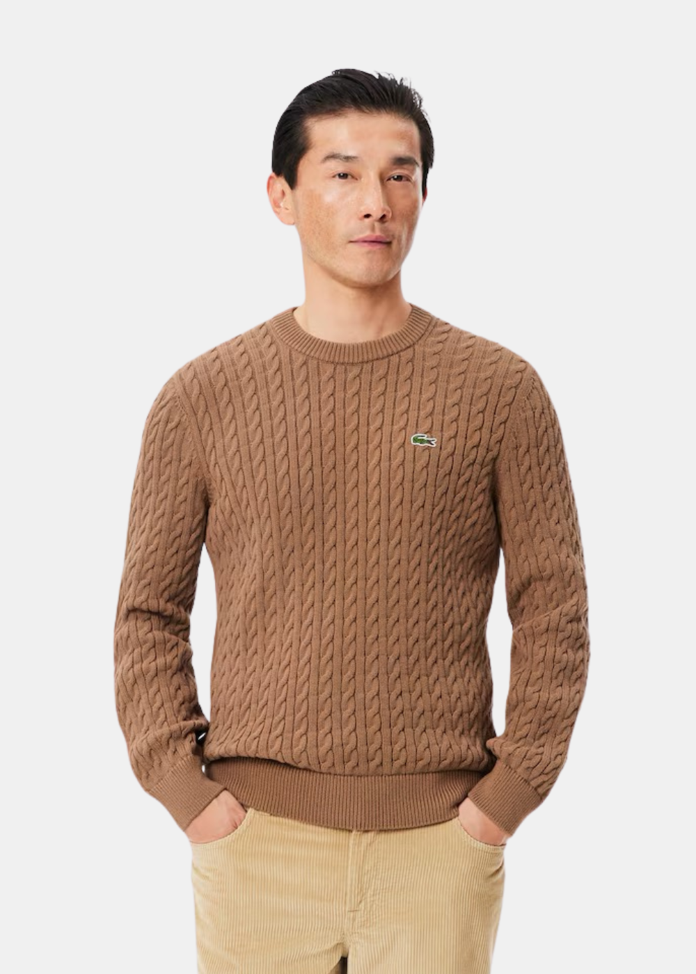 Mannequin homme de face portant le pull en maille torsadée marron camel Lacoste