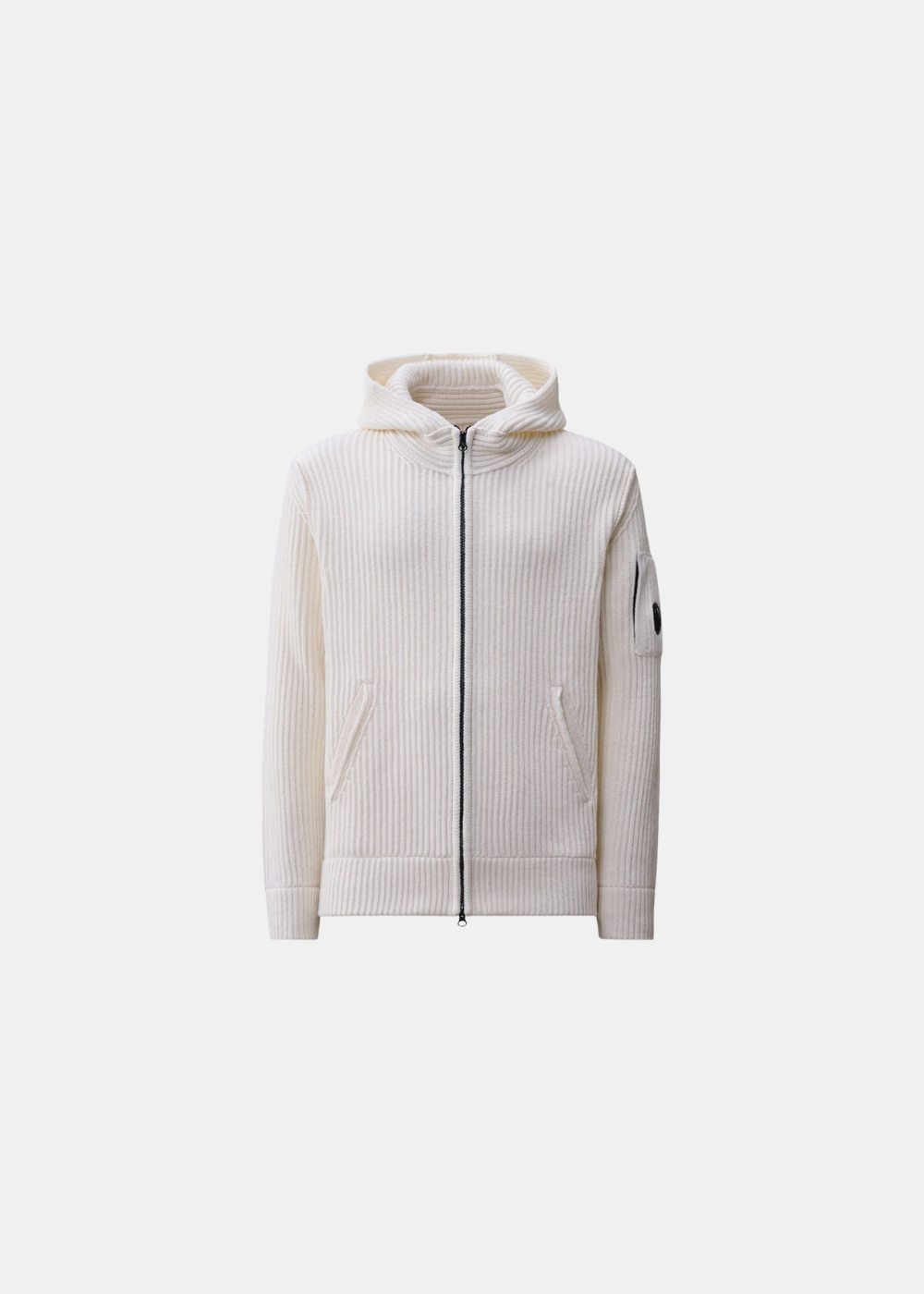 Pull zippé à capuche Homme C.P. Company en maille de laine perlée blanc écru vue de face