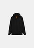 Packshot du pull zippé à capuche noir Gertrude en laine avec fermeture éclair à tirette orange, capuche ajustante et poche zippée sur la manche