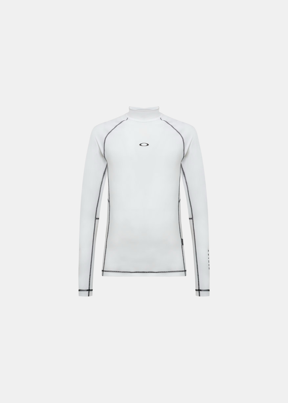 Rashguard blanc Oakley à manches longues et col montant, avec coutures noires apparentes, vue de face.