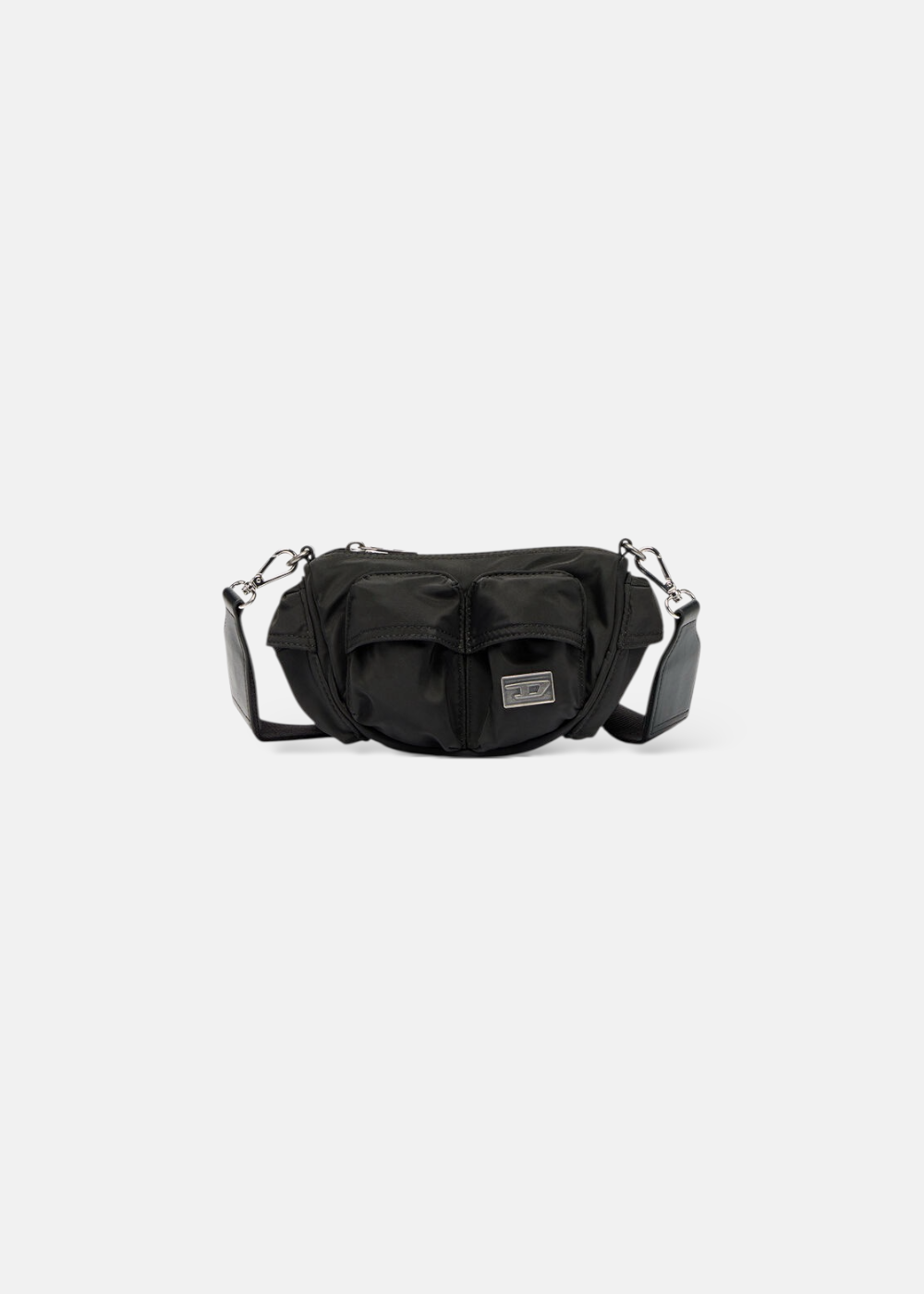 Petit sac bandoulière Diesel noir en nylon avec poches utilitaires et logo métallique.