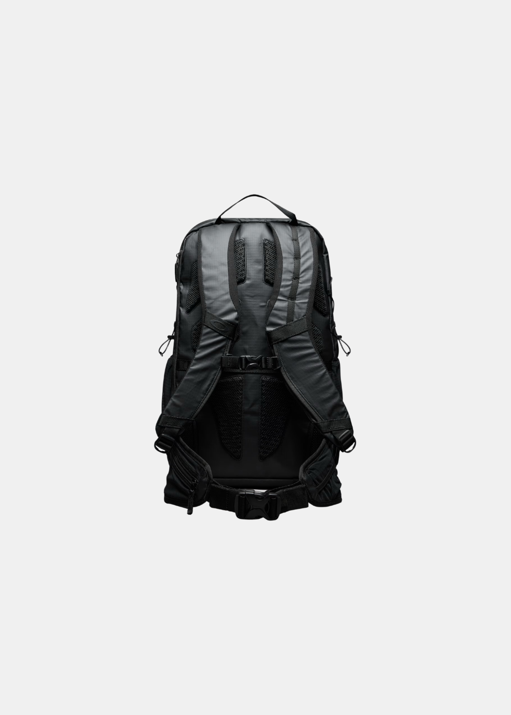 Vue arrière du sac à dos Oakley Terraquest 29L noir montrant le panneau dorsal matelassé et les bretelles ergonomiques