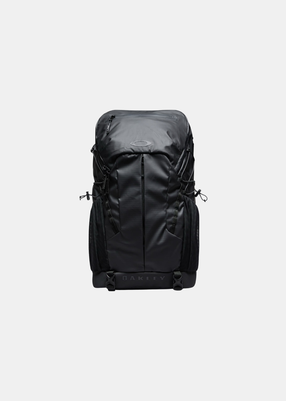Sac à dos 29L Oakley Terraquest en tissu recyclé noir vue de face avec zip central et logo Ellipse