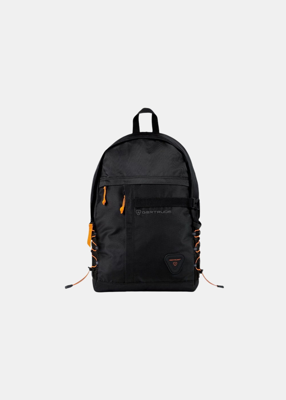Packshot de face du sac à dos Gertrude noir avec détails orange, poches zippées et patch écusson