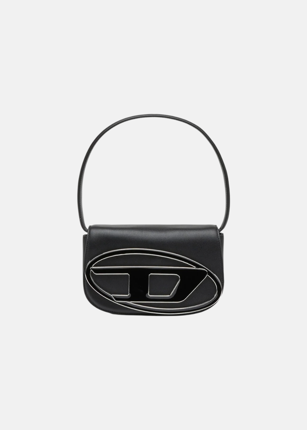 Sac à main iconique Diesel 1DR en cuir noir structuré avec grand logo Oval D métallique sur le rabat.