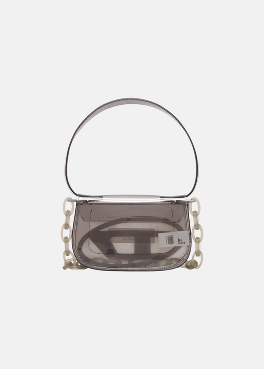 Petit sac à main Diesel 1DR en TPU transparent avec logo ovale D en métal argenté, vue de dos