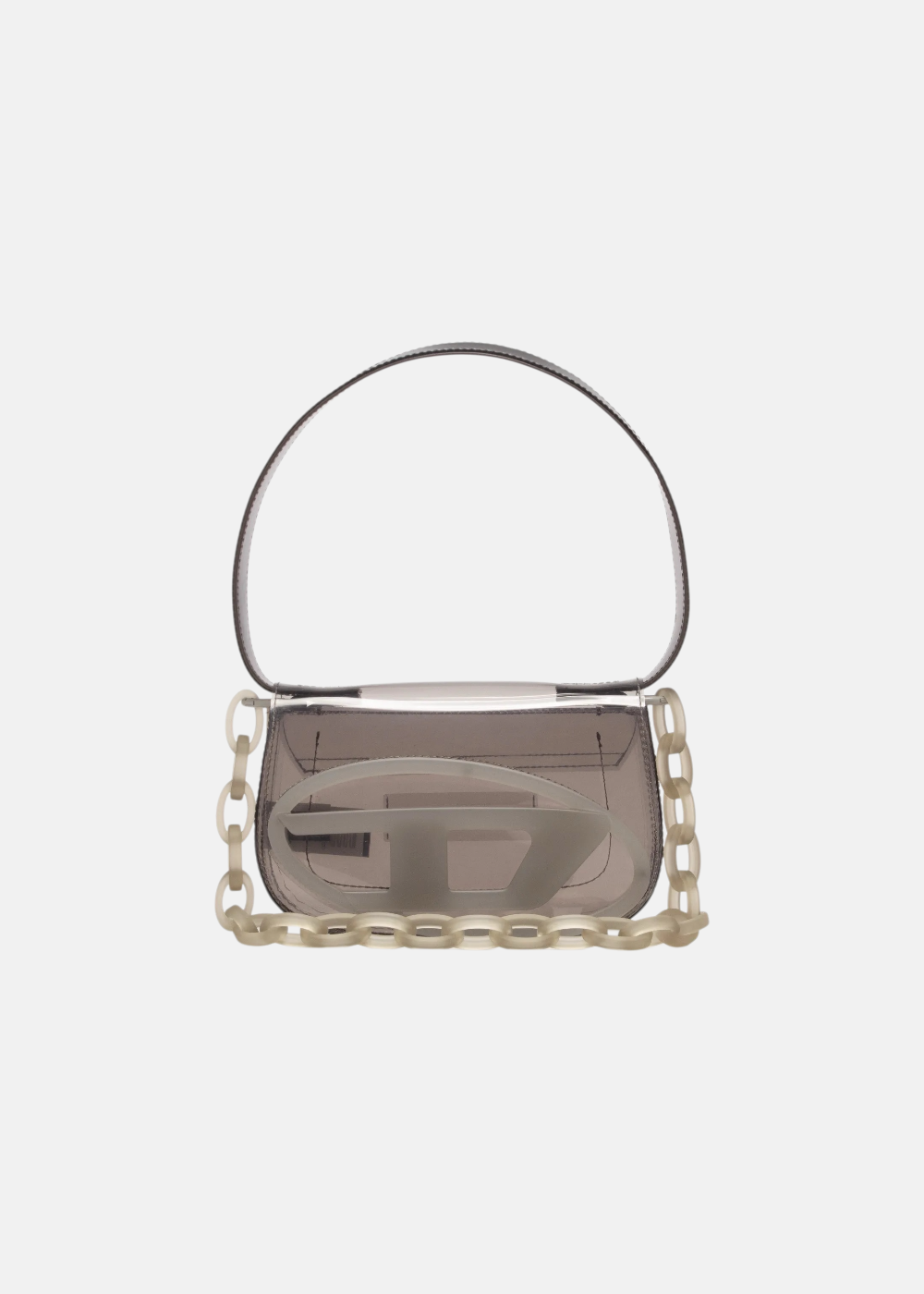 Petit sac à main Diesel 1DR en TPU transparent avec logo ovale D en métal argenté, vue de face
