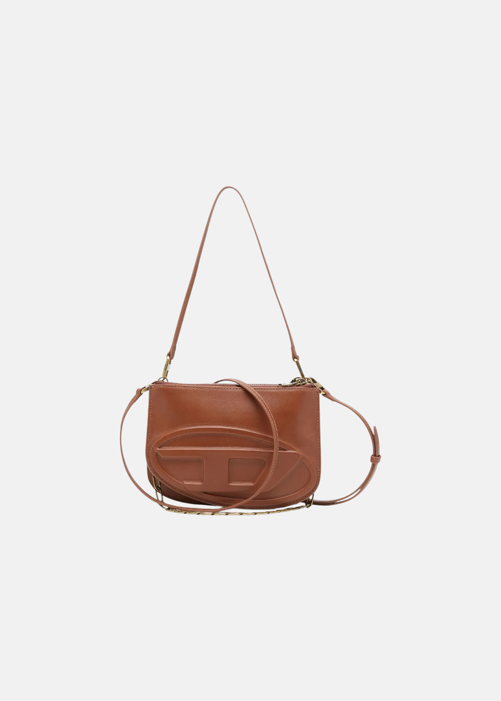 Sac bandoulière Diesel 1DR Twin en cuir marron avec logo Oval D oversize embossé en relief sur le devant.