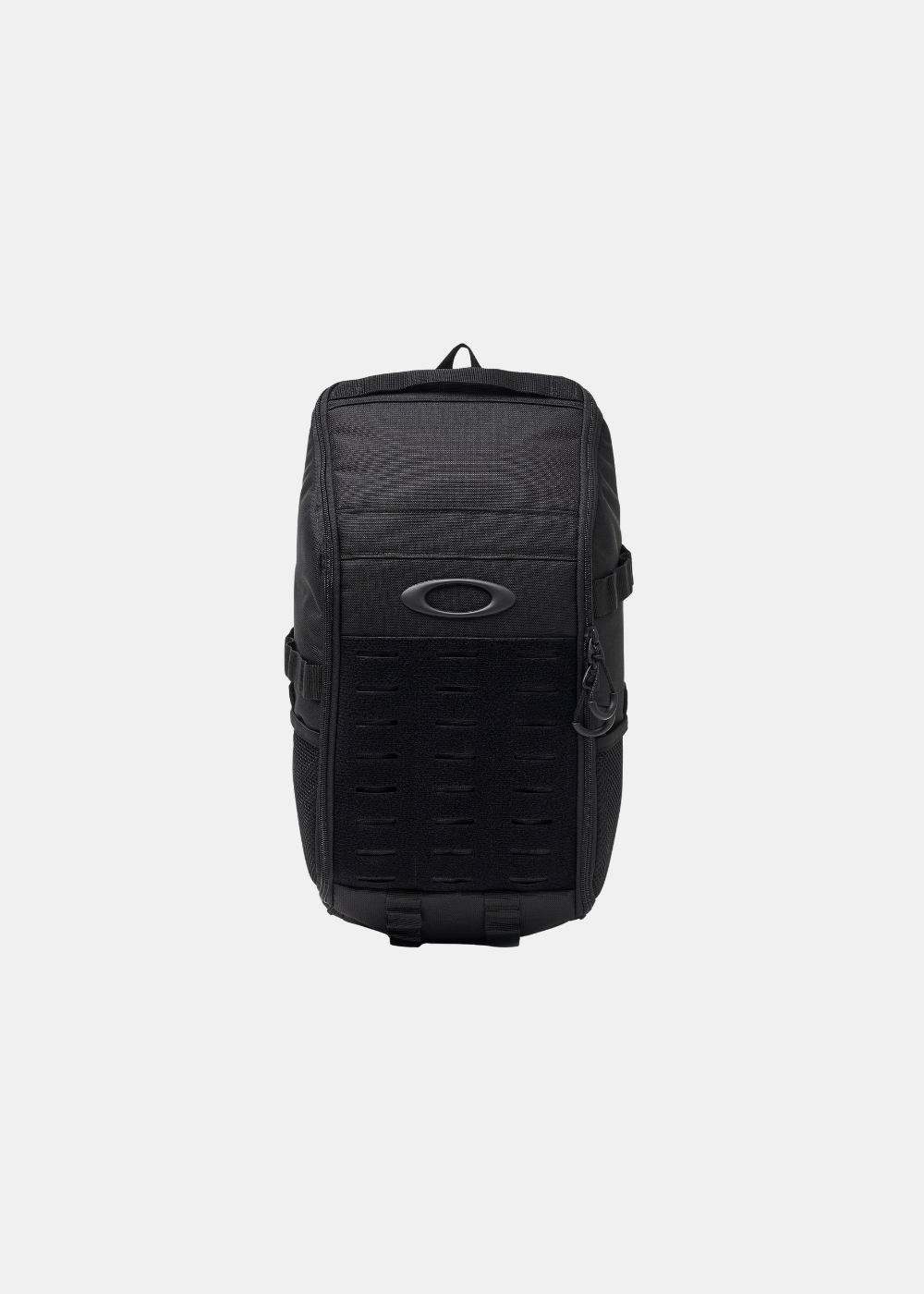 Sac bandoulière technique Oakley noir avec panneaux Velcro et sangles MOLLE, vue de face.