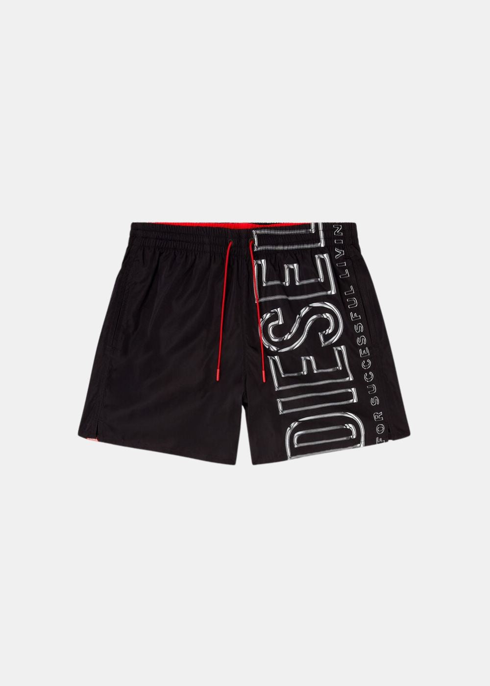 Short de bain noir Diesel Soccer-41-D-Core avec logo vertical blanc à effet fluide sur la jambe gauche.