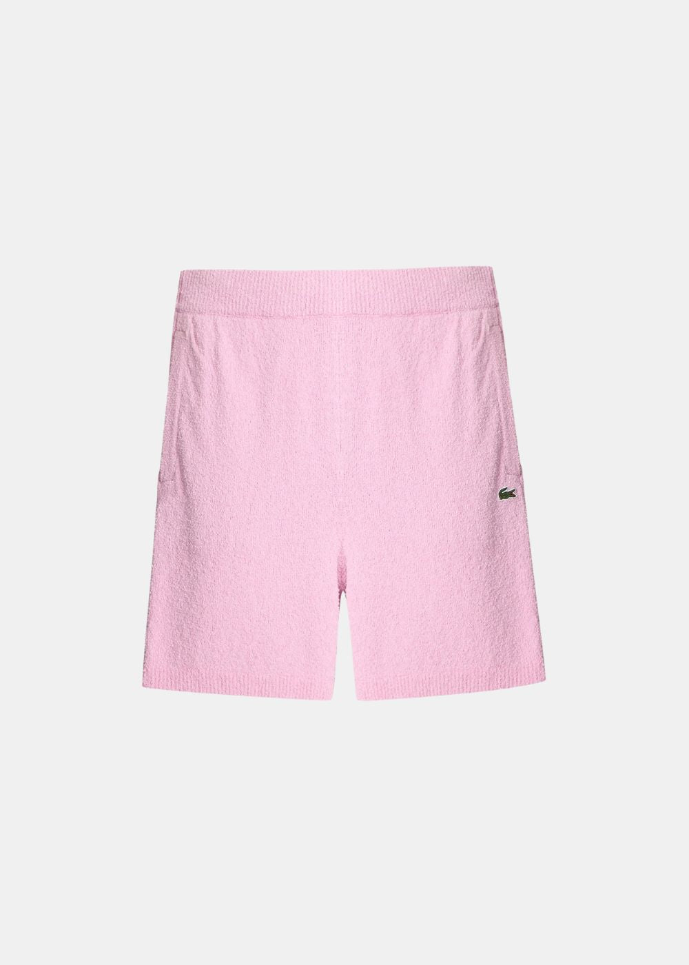 vue de face sur fond blanc du  short Lacoste rose en coton bouclée