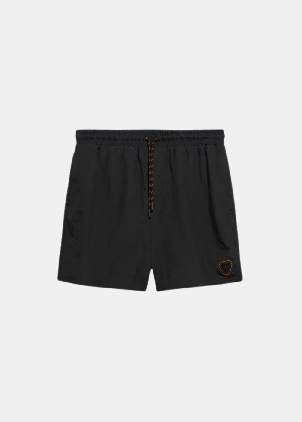 Short de bain noir Gertrude avec cordon de serrage bicolore et logo écusson orange en bas de jambe face.