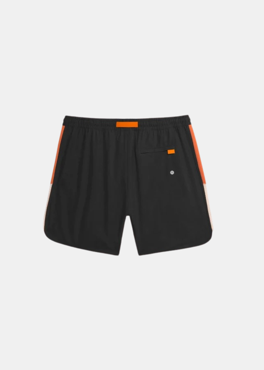 Vue arrière du short de bain Gertrude Samy noir avec poche zippée et détails contrastés orange