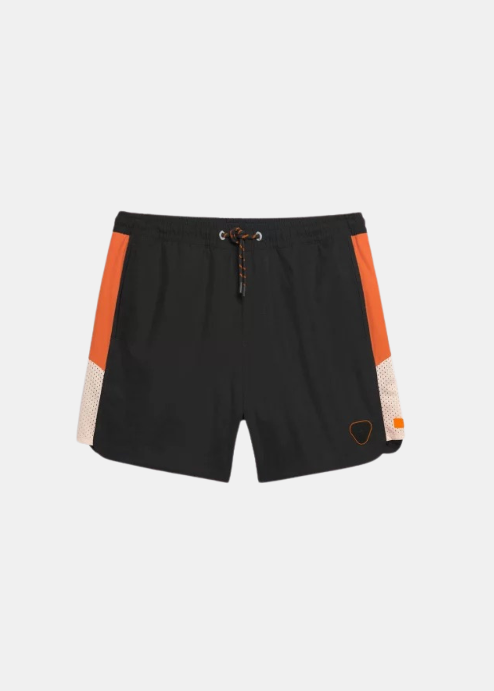 Vue de face du short de bain Gertrude Samy noir et orange avec cordon de serrage et logo triangulaire
