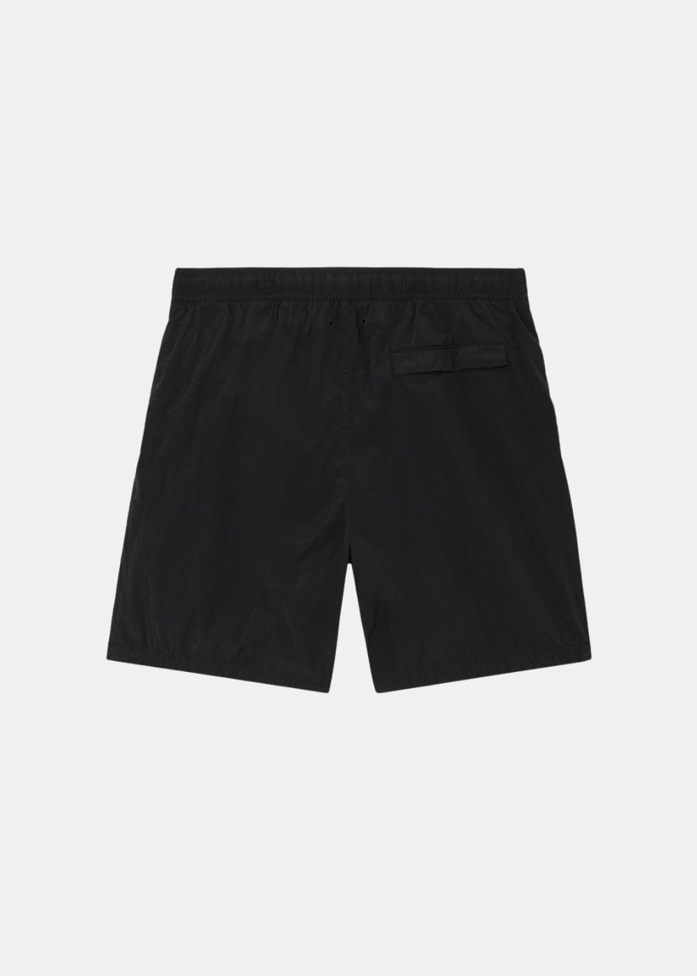 Vue arrière du short de bain noir Stone Island montrant la poche zippée et la taille élastiquée.