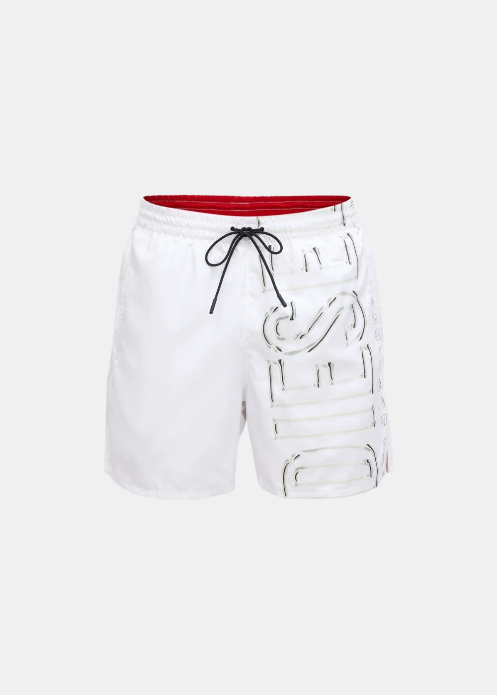 Short de bain pour homme blanc Diesel avec grand logo vertical noir et rouge sur la jambe gauche