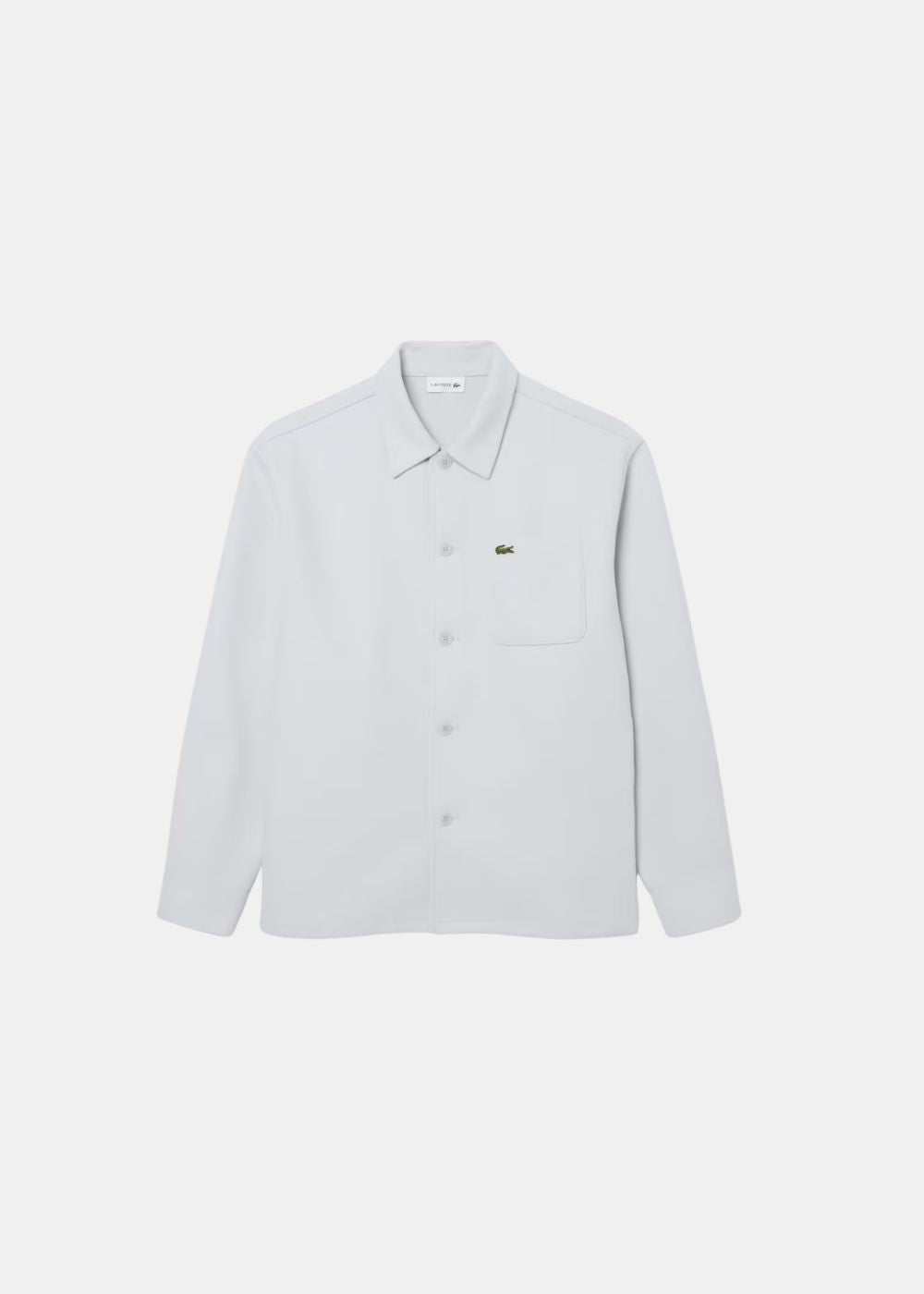 Packshot de face de la surchemise Lacoste gris clair en flanelle épaisse avec poche poitrine.