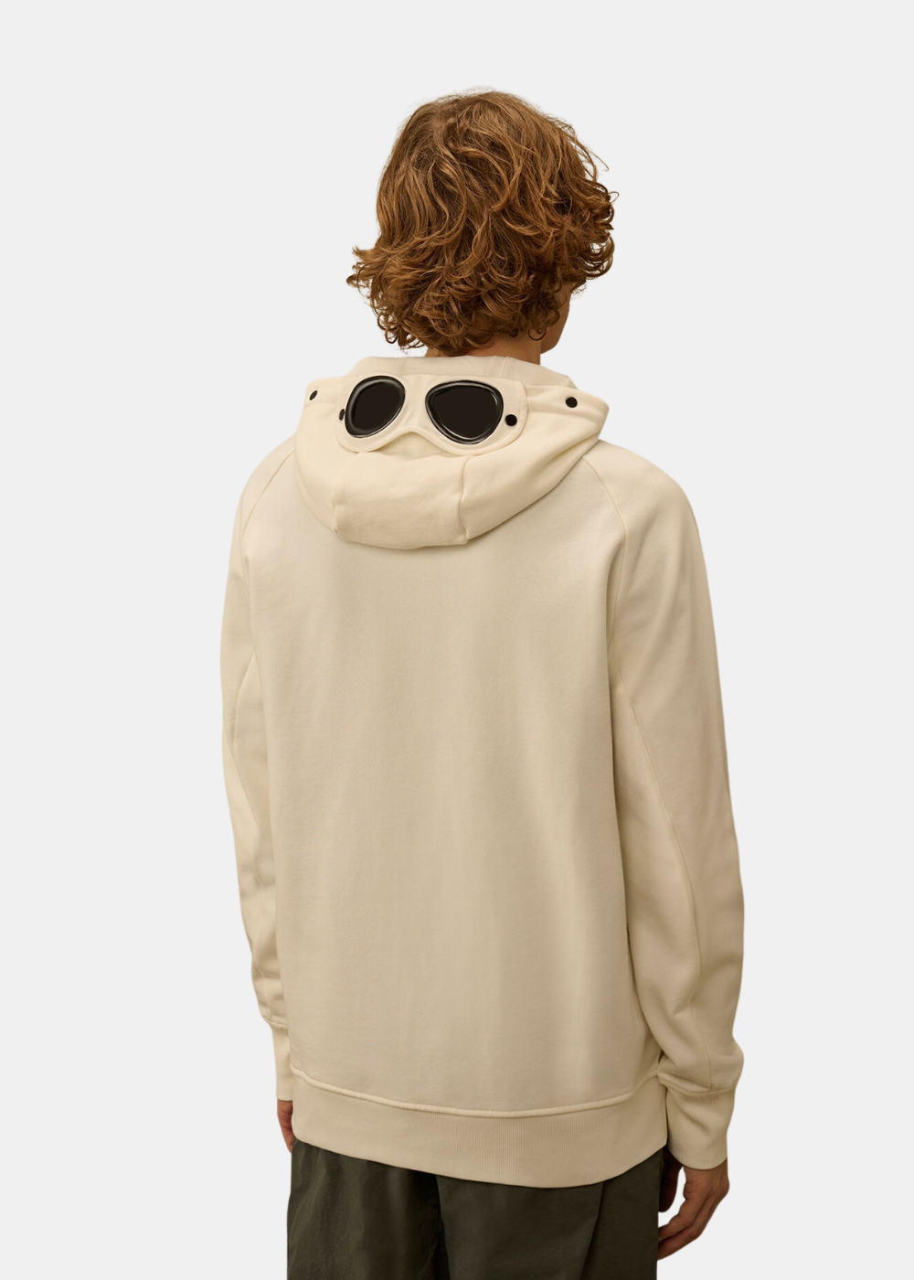 Vue arrière du sweat blanc cassé montrant la capuche équipée des lunettes Goggle emblématiques.