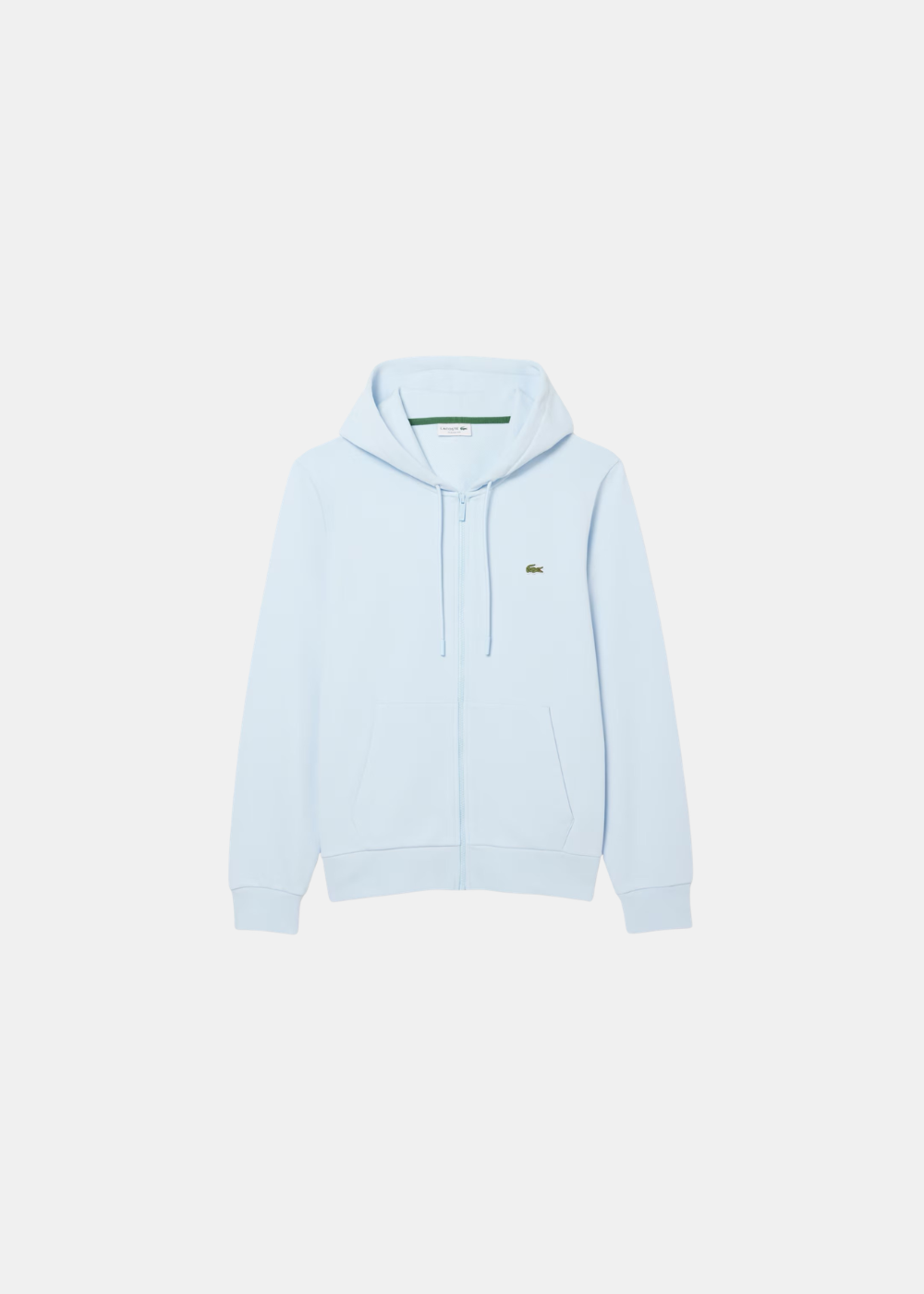 Packshot de face du sweatshirt à capuche zippé Lacoste en molleton bleu ciel avec logo crocodile sur la poitrine.