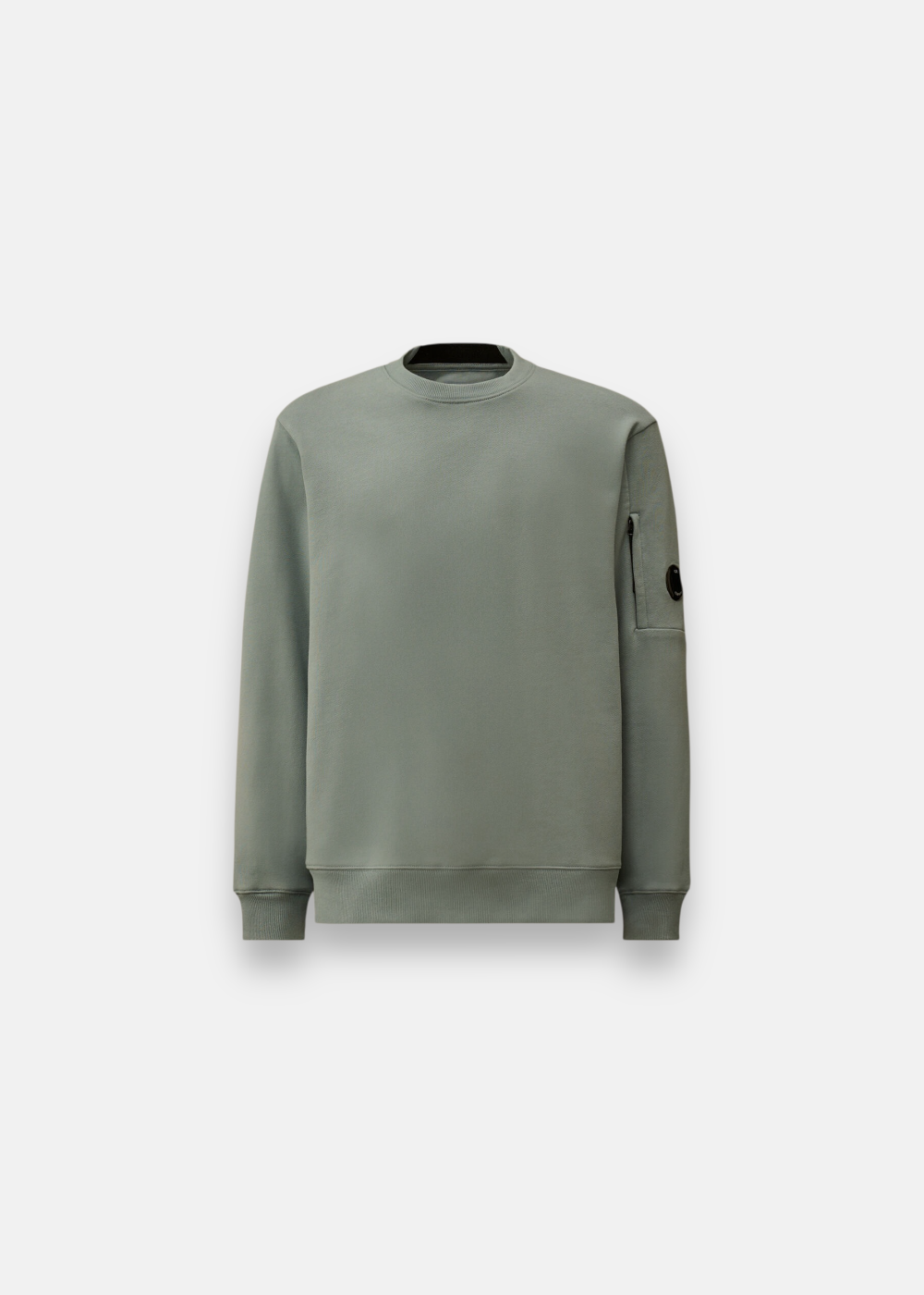 Sweat-shirt bleu gris C.P. Company en molleton avec col rond et poche zippée sur la manche gauche.