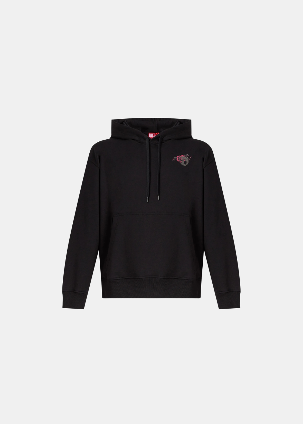 Sweat à capuche Diesel noir en coton avec cordons de serrage et logo poitrine, vue de face.