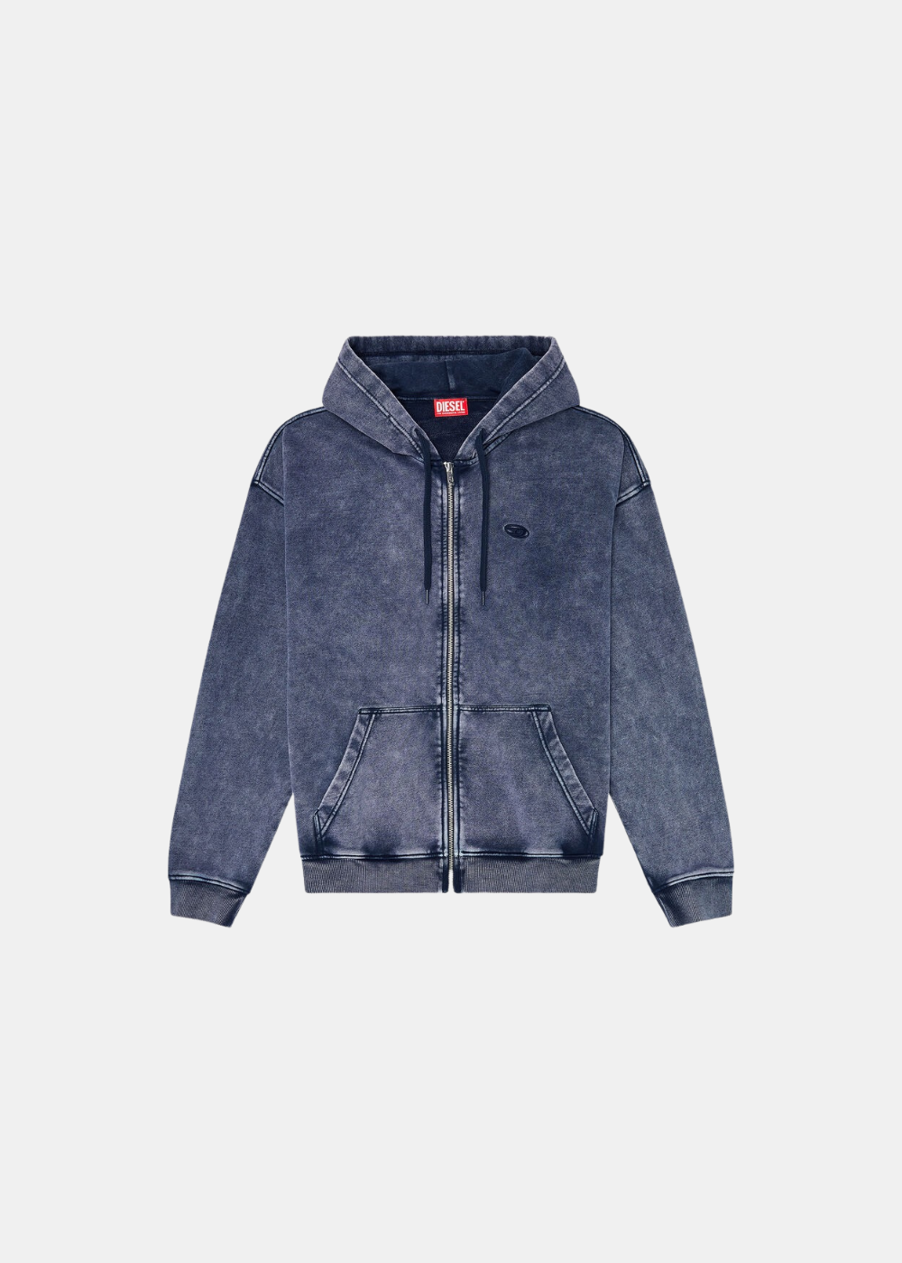Sweat à capuche zippé en coton bleu délavé Diesel avec poches cangourou et logo Oval D