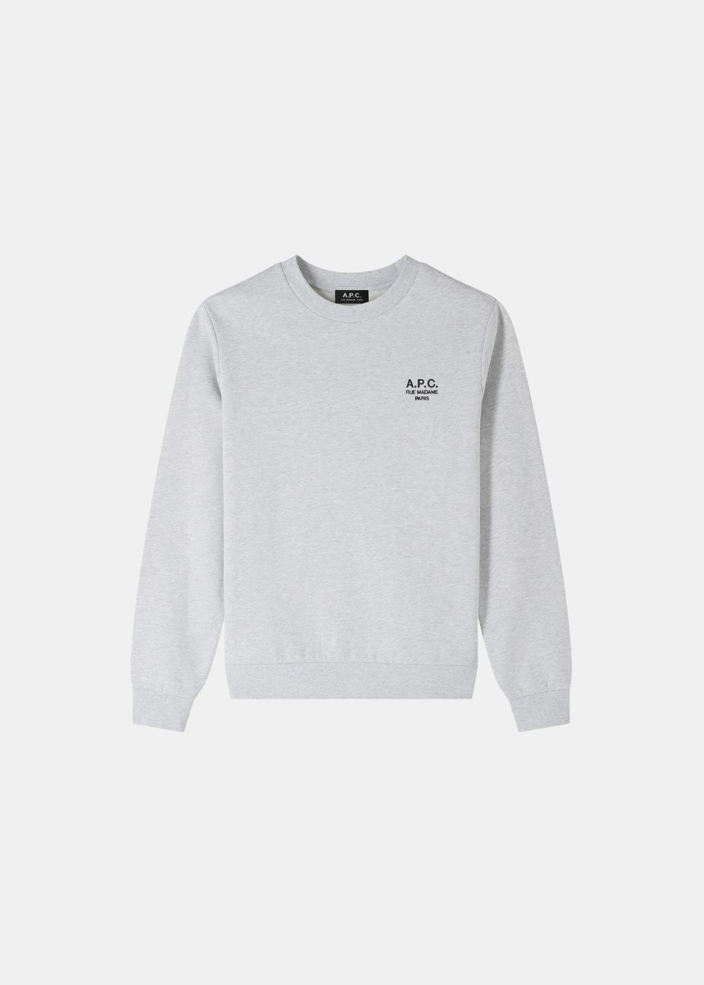 Sweat en coton bio gris chiné APC Rue Madame à col rond présenté à plat de face sur fond uni